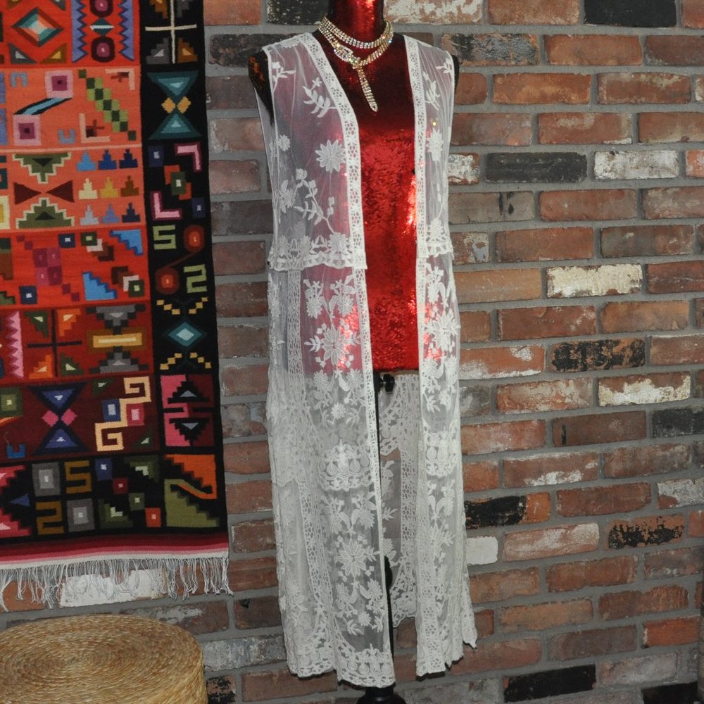 Sheer Ivory Lace Tunic Sleeveless Long Vest Beach Coverup M